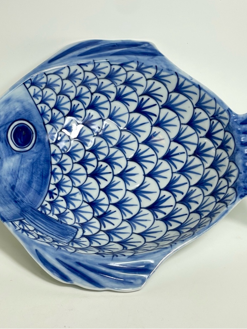 Vintage Ceramic Fish Shaped Bowl Hand Painted Blue And White